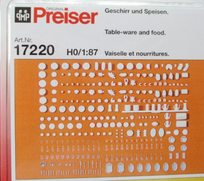 HO Preiser # 17220 UNPAINTED Tableware ( Dishes ,etc.) and Food with Accessories