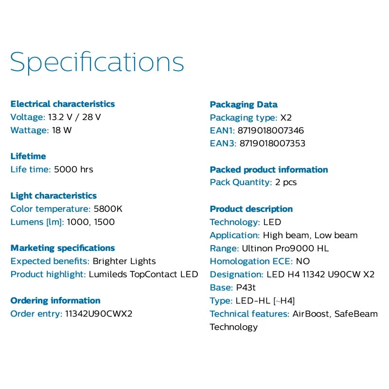 Philips Ultinon Pro9000 LED H4 +350% Kit de faros de coche brillantes 5800K LED bombilla de coche Foto 2 de 4