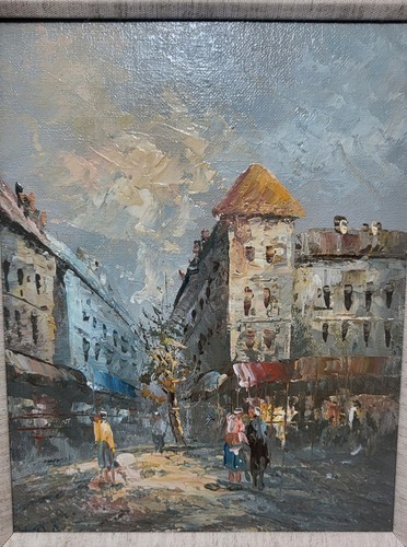 Continental School Straßenszene vergoldet Vintage Rahmen Original Öl auf Leinwand - Bild 14 von 24