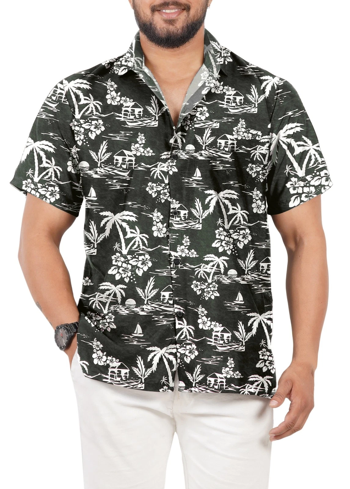LA LEELA Mens Hawaiian Short Sleeve Button Down Shirts XXL Black, Beach
