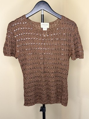 Oscar de la Renta OSCAR Open Knit Crochet Sweater Top Women s Medium Brown