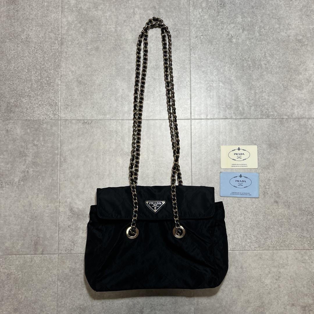Prada 90s Vintage Black Gold Chain Shoulder Bag Used From Japan