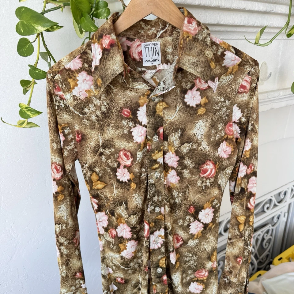 Camisa discoteca retro vintage Gripper Thin By Moss años 70 floral con botones mediana Foto 2 de 4