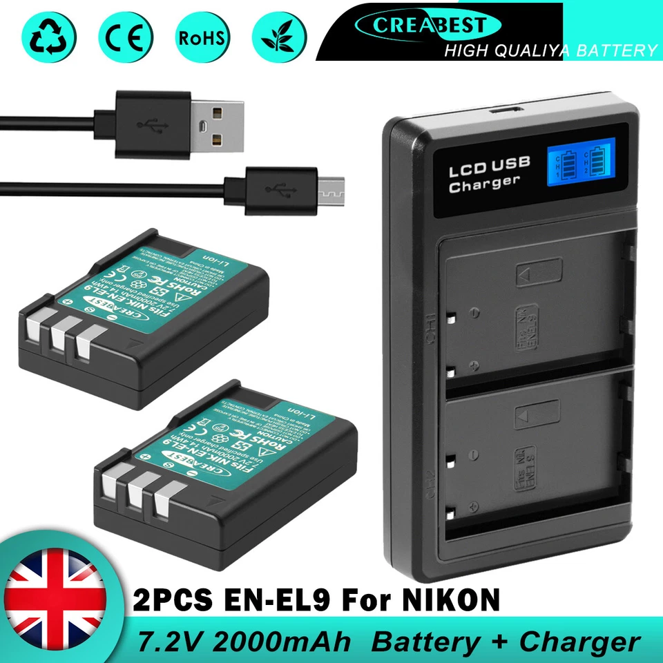 CREABEST Batteria 2x 2000mAh EN-EL9 EL9a + caricatore per Nikon D3000 D40 D5000 DSLR D60 D40X
