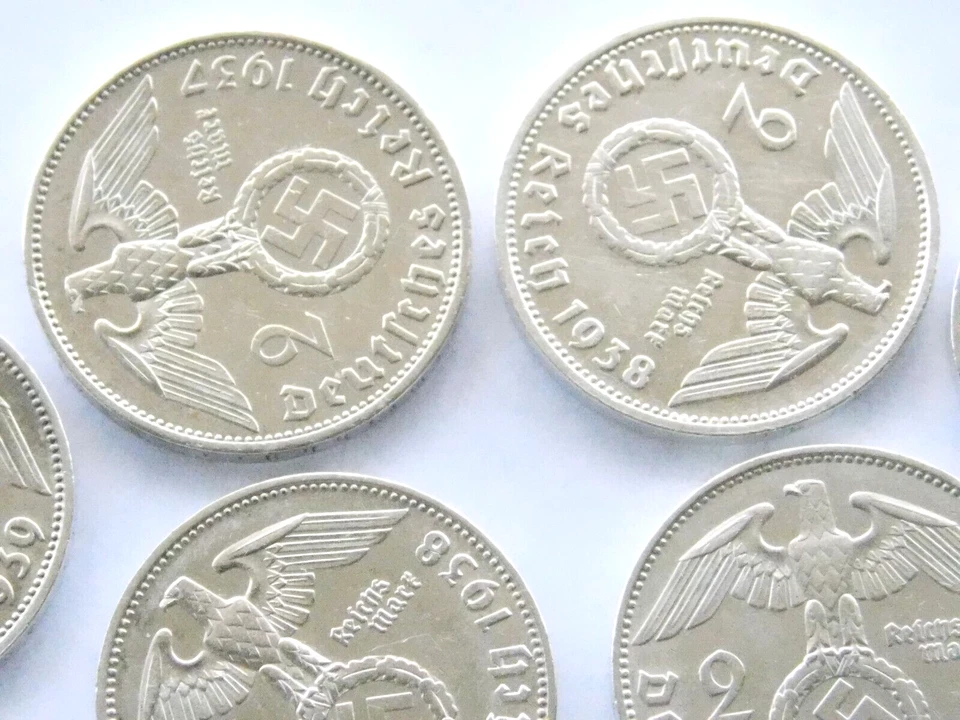 GERMAN Lot 10x Coins 2 REICHSMARK 1937 - 1939 SWASTIKA Silver 3rd Reich WW2 Mark - Image 4 of 4