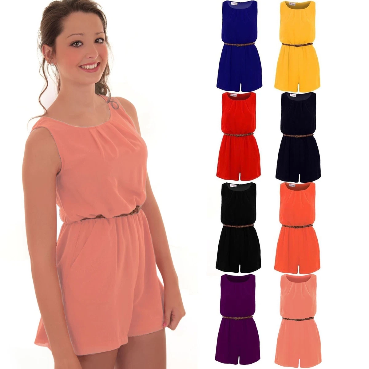 Ladies Chiffon Pleated Belted Sexy Sleeveless Lined Zip Back Smart