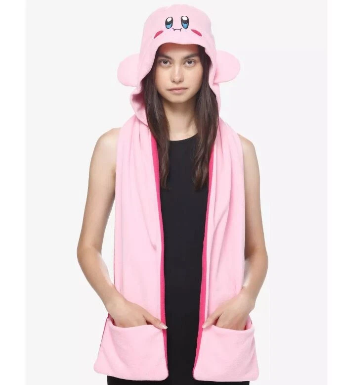 Kirby Scarf Hat Snood Pink Hooded Hand Pockets Fleece Winter Face Ears Nintendo
