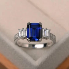 3.50 Ct Emerald Cut Natural Sapphire Diamond Wedding Ring 14K Solid White Gold
