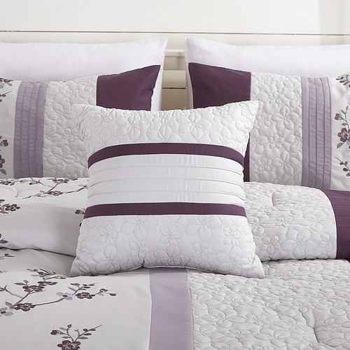 7-Piece Purple Pleated Stripe Embroidered Floral Cherry Blossom Comforter Set - Picture 6 of 6