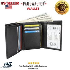 Men's Trifold Wallet Black Lambskin Leather ID Window Credit Card Holder Case