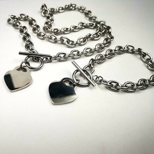 Love Heart Tag Charms Jewelry Set Stainless Steel Oval Chain Necklace Bracelet