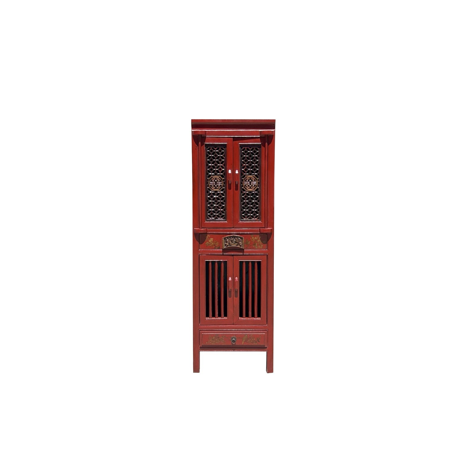 Distressed Brick Red Slim Wood Carving Shutter Doors Storage Cabinet ws4060