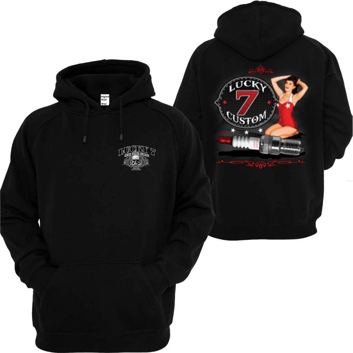 Hooded Sweatshirt Black Vintage Biker Chopper & Oldschoolmotiv Lucky 7 Custom