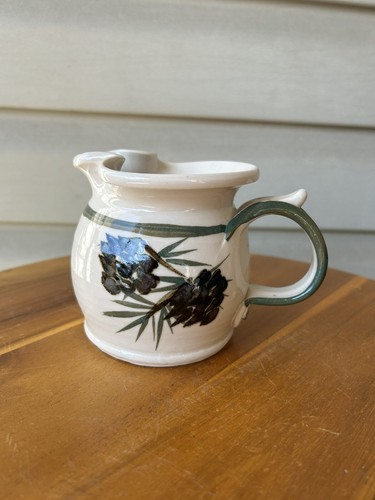 Rustic Pinecones Woods Dark Green Stripe Small Art Pottery Pitcher 5"-Signed