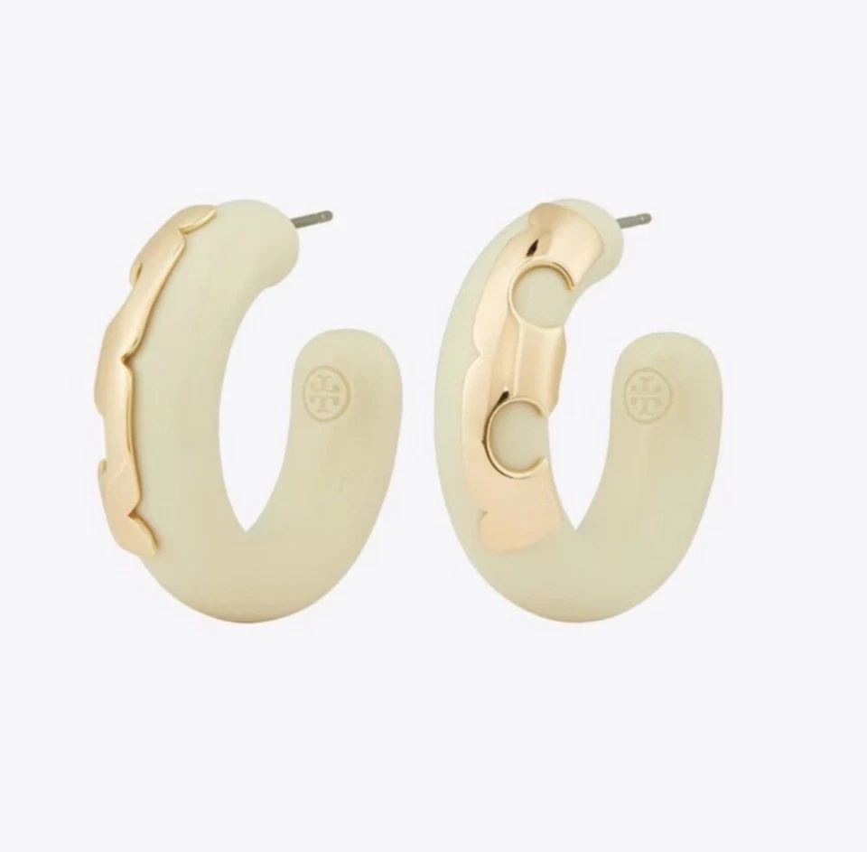 Pendientes de aro de resina TORY BURCH TORY GOLD/CREMA nuevos con etiquetas Foto 4 de 4