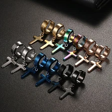 2-6pcs Cross Dangle Hoop Huggie Stainless Steel Ear Stud Earrings for Men Women