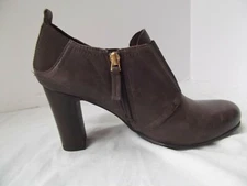 Franco Sarto Tinker bootie leather shoe brn 9.5 zip elastic 3.5in stack heel 
