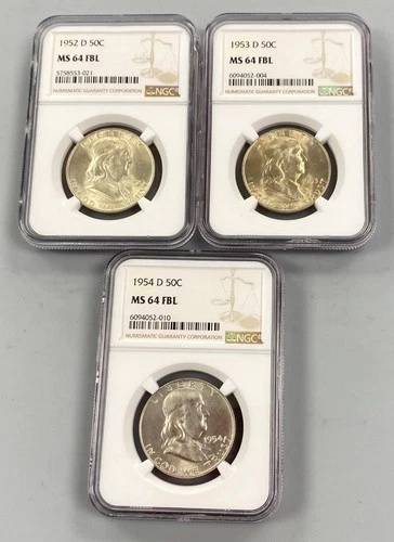 3 NGC MS64 FBL US 90% Silver Franklin 50c 1952-D 1953-D 1954-D L24465
