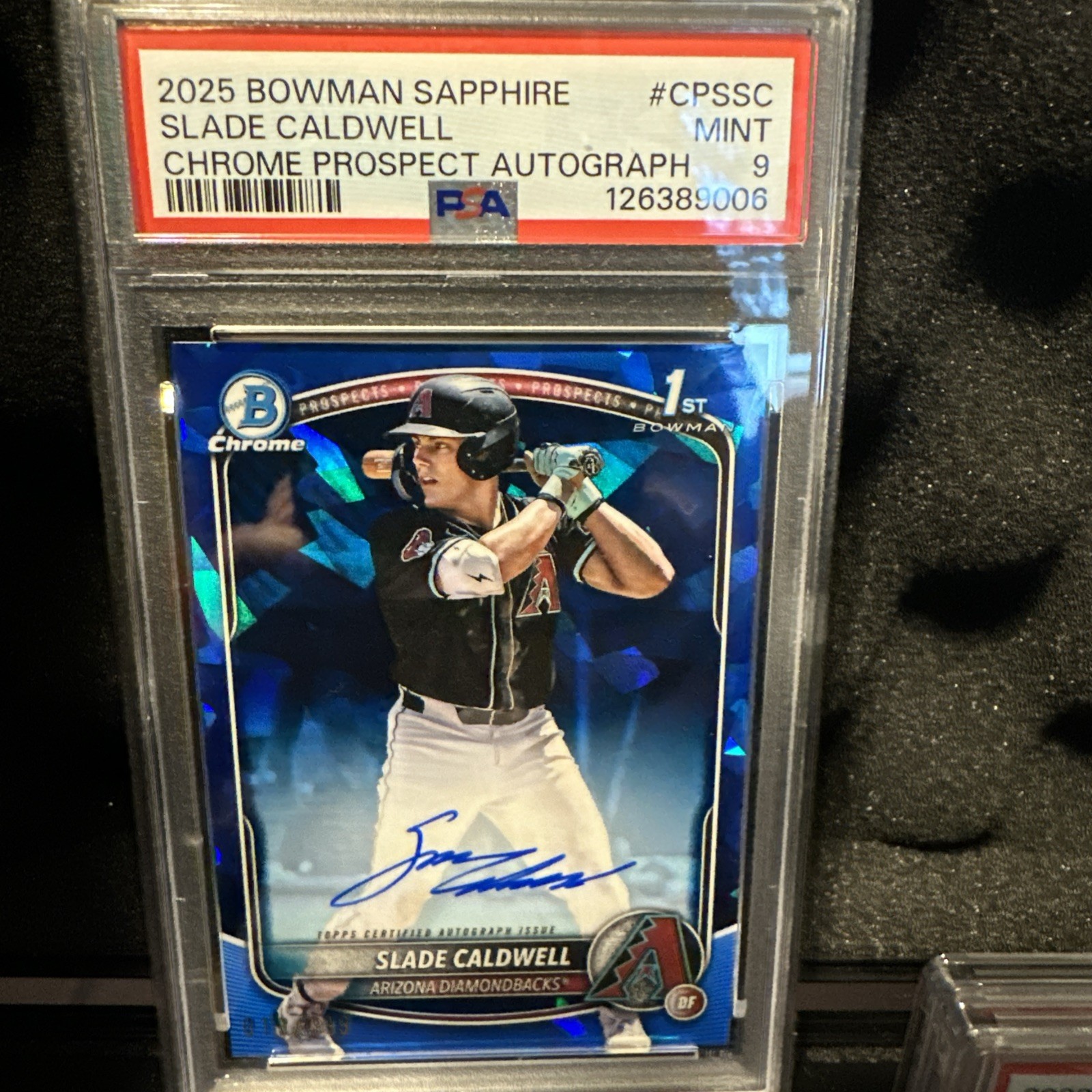 2025 Bowman Sapphire Slade Caldwell Chrome Auto 1st # /199 psa 9 