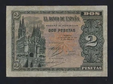 Spain 2 Pesetas 1937  P-105 VF+ RARE 