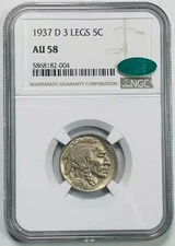 1937 D Buffalo Nickel NGC AU-58 CAC 3 LEGS