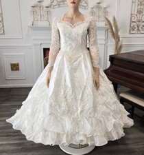 Mary's Vintage 80s 90s White Long Sleeve Beaded Ruffle Quince Wedding Dress 16