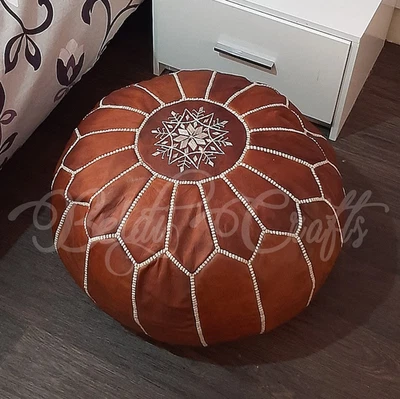 Pouf en cuir véritable marocain marron ottoman repose-pieds bohème neuf - Photo 1/4