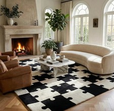 Handmade Black and White Area Rugs Hand Tufted geometric abstract Wool Rug 8x10