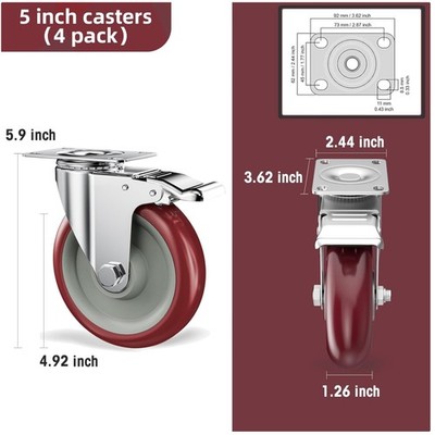 Red Polyurethane Casters - 5'', 1400lbs Capacity, 4 Pack