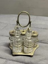 6 Piece Vintage EPNS Cruet Condiment Caddy Salt, Pepper, Vinegar, Oil with Lids