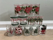 12 Vintage Christmas Shot Glass/Votive Candle Holders Tree Bells Poinsettia