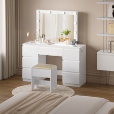 White Modern Dressing Table with LED Lights Mirror Vanity Make up 7 Drawers