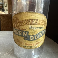 Vintage Richelieu Chicago Olives 9.75”Tall Jar Glass Bottle Paper Label