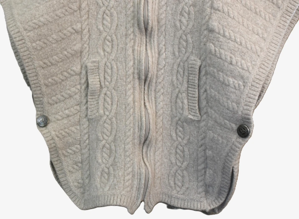 Aran Knit Poncho Zip Up Cable Merino Wool Sweater Open Sides w/Button Closure S - Image 3 of 4