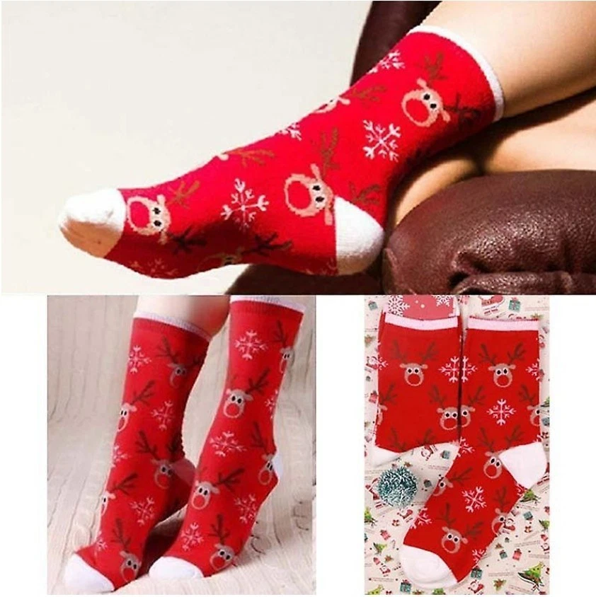 Conjunto de 3 pares de calcetines unisex de algodón de Navidad copo de nieve de reno rojo Foto 2 de 2