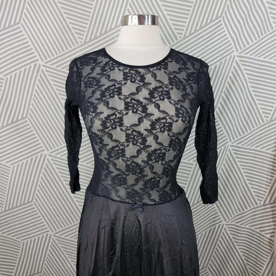 Винтажная сексуальная ночная рубашка размер XS белье платье атласный шелковистый черный кружева сетки длиной  - Изображение 3 из 4