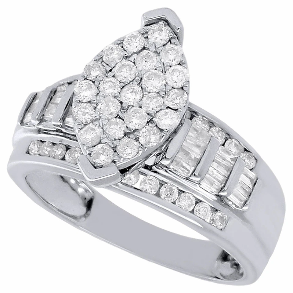 10K White Gold Baguette Diamond Marquise Cluster Ladies Wedding Ring 1 Ct. - Image 3 of 4