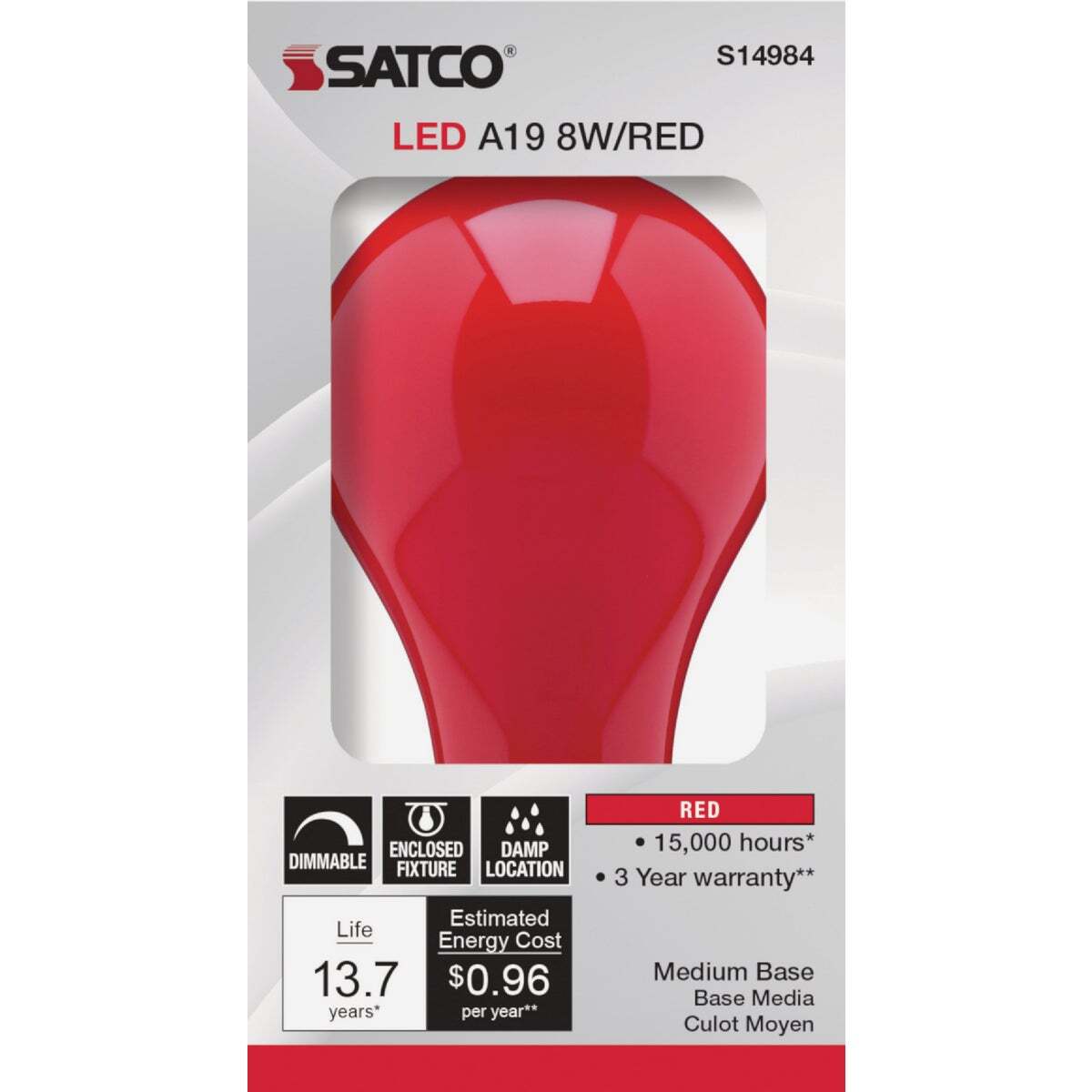 Satco Nuvo 60W Equivalent Red A19 Medium LED Party Light Bulb S14984 Satco Nuvo