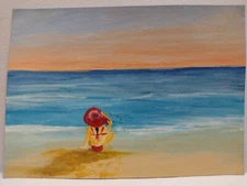 ACEO Original Painting "Alone Time" Ocean Beach Woman in Bikini Sunhat