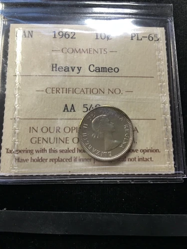 1962  ICCS  Graded Canadian,  ¢10  Cent, **PL-65  Heavy Cameo** # AA 540