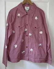 The Quacker Factory Daisy Embroidered Red Gingham Check Button Shirt Jacket LL