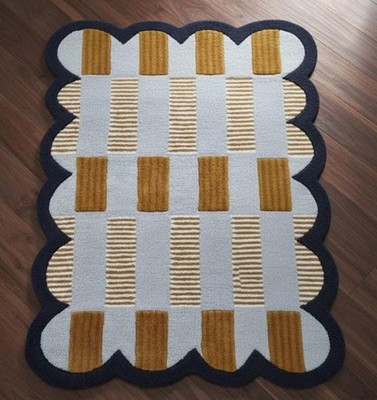 Modern Scalloped Geometric Area Rug   White, Beige & Brown Patterned Carpet