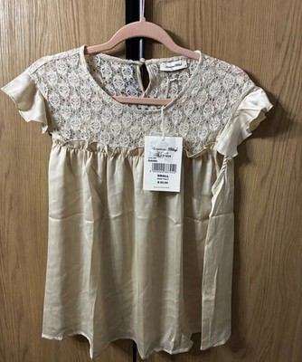 American Bling Khaki Lace Yoke Flutter Short Sleeve Pullover Blouse Size S