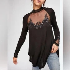 Free People Womens Saheli Top Sz Large Black Embroidered Sheer Oversized Tunic