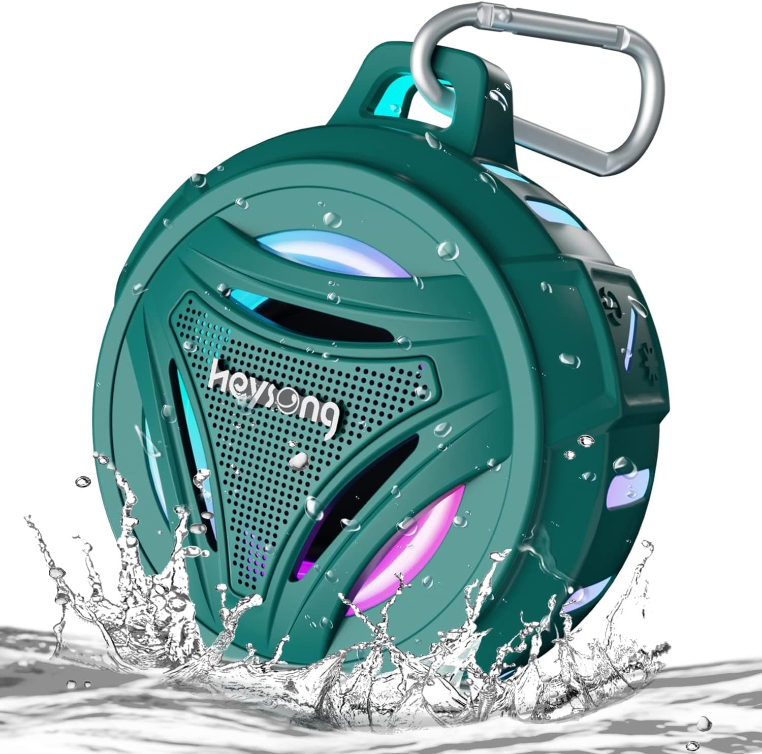 Heysong IPX7 Waterproof Bluetooth Speaker with RGB Lights for Shower and Outdoor Use-image