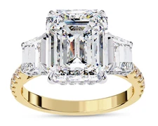 5.20 Ct Emerald Lab Grown Diamond 3 Stone Hidden Halo Engagement Ring 14K Gold