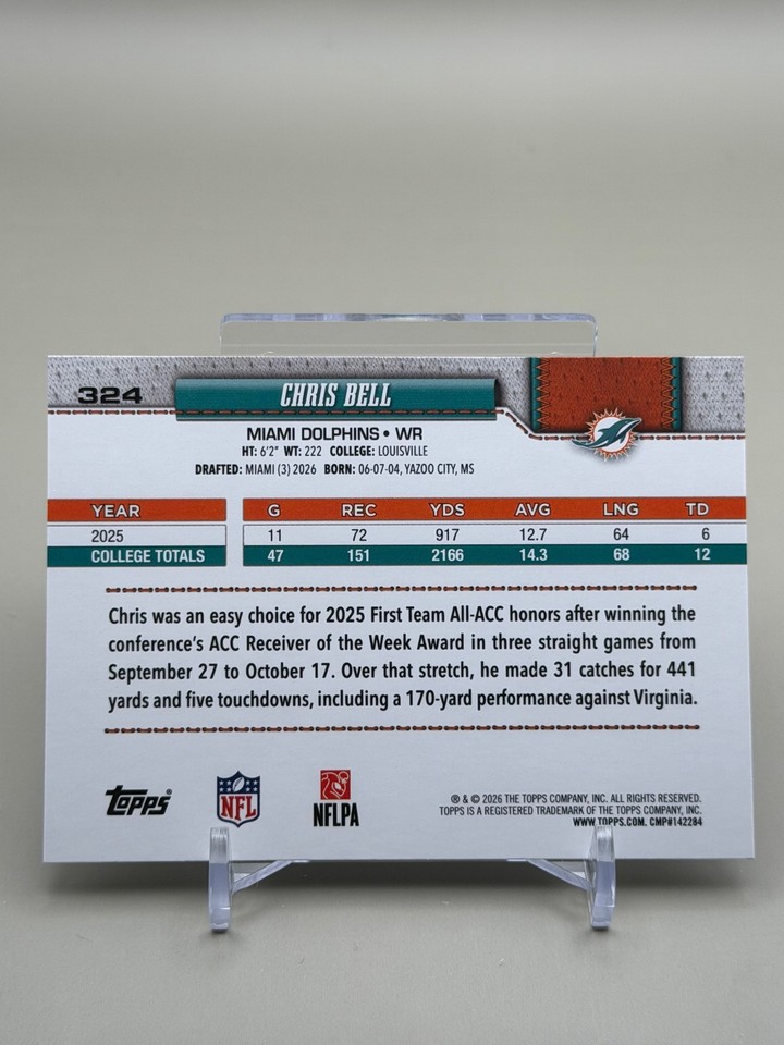Chris Bell 2026 Topps Flagship RC #324 Miami Dolphins | eBay