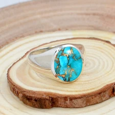 Blue Copper Turquoise Oval Cut 925 Sterling Silver Handmade Men's Ring Jewelry