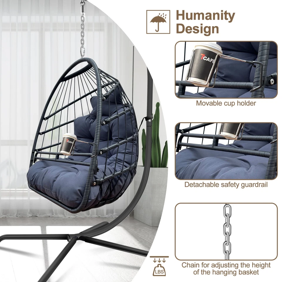 Silla Columpio Huevo con Barandillas de Seguridad Extraíbles y Portavasos con Soporte y Cojín Foto 2 de 4