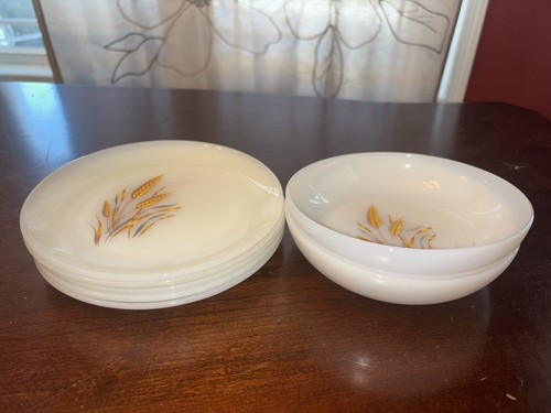 5 Salad Plates 2 Bowls Fire King 1950s Milk Glass Wheat 9.75" Anchor Hocking